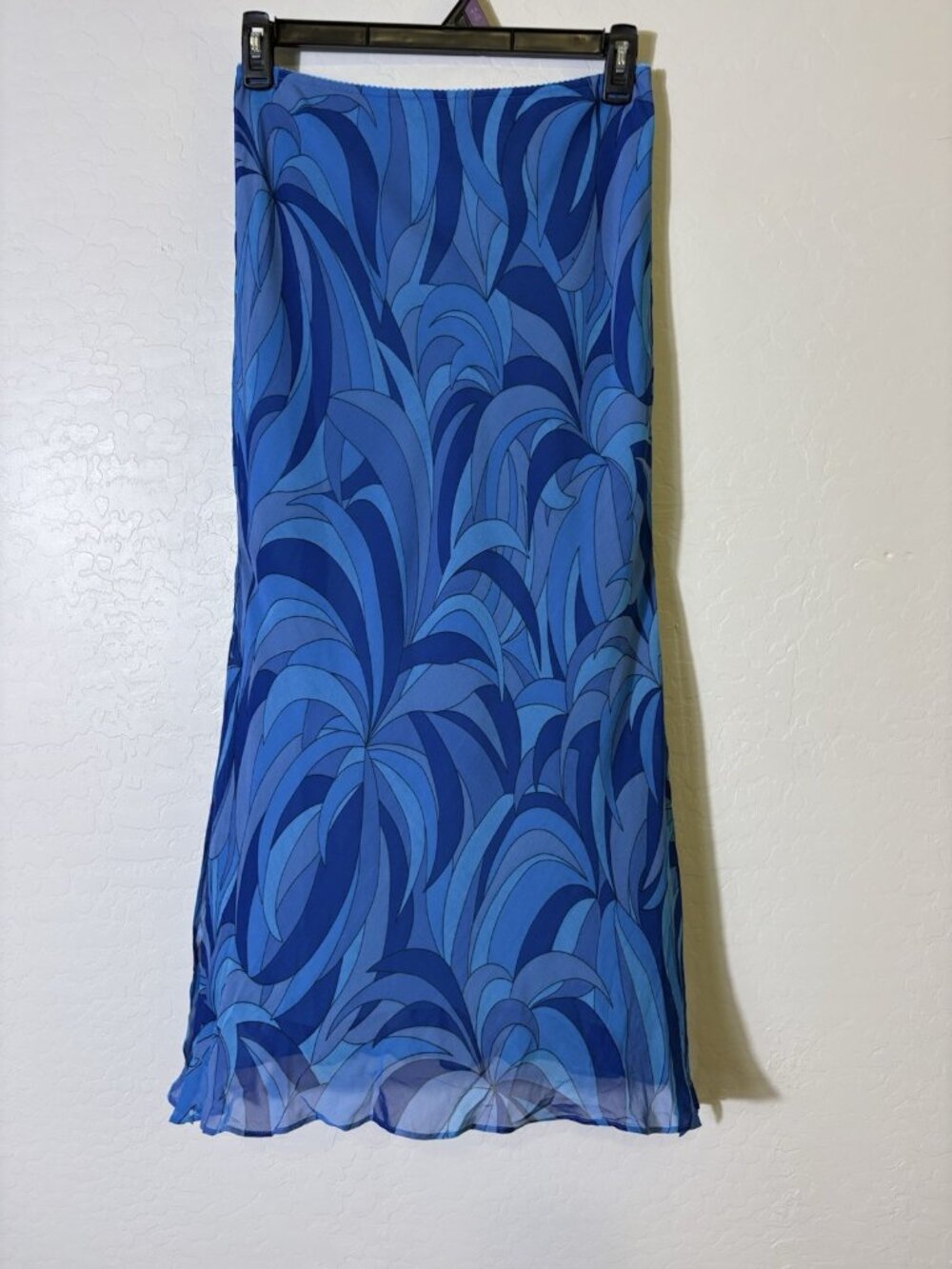 Vintage Y2K Express Blue Silk Sheer Overlay Maxi Skirt Abstract Pattern M Retro